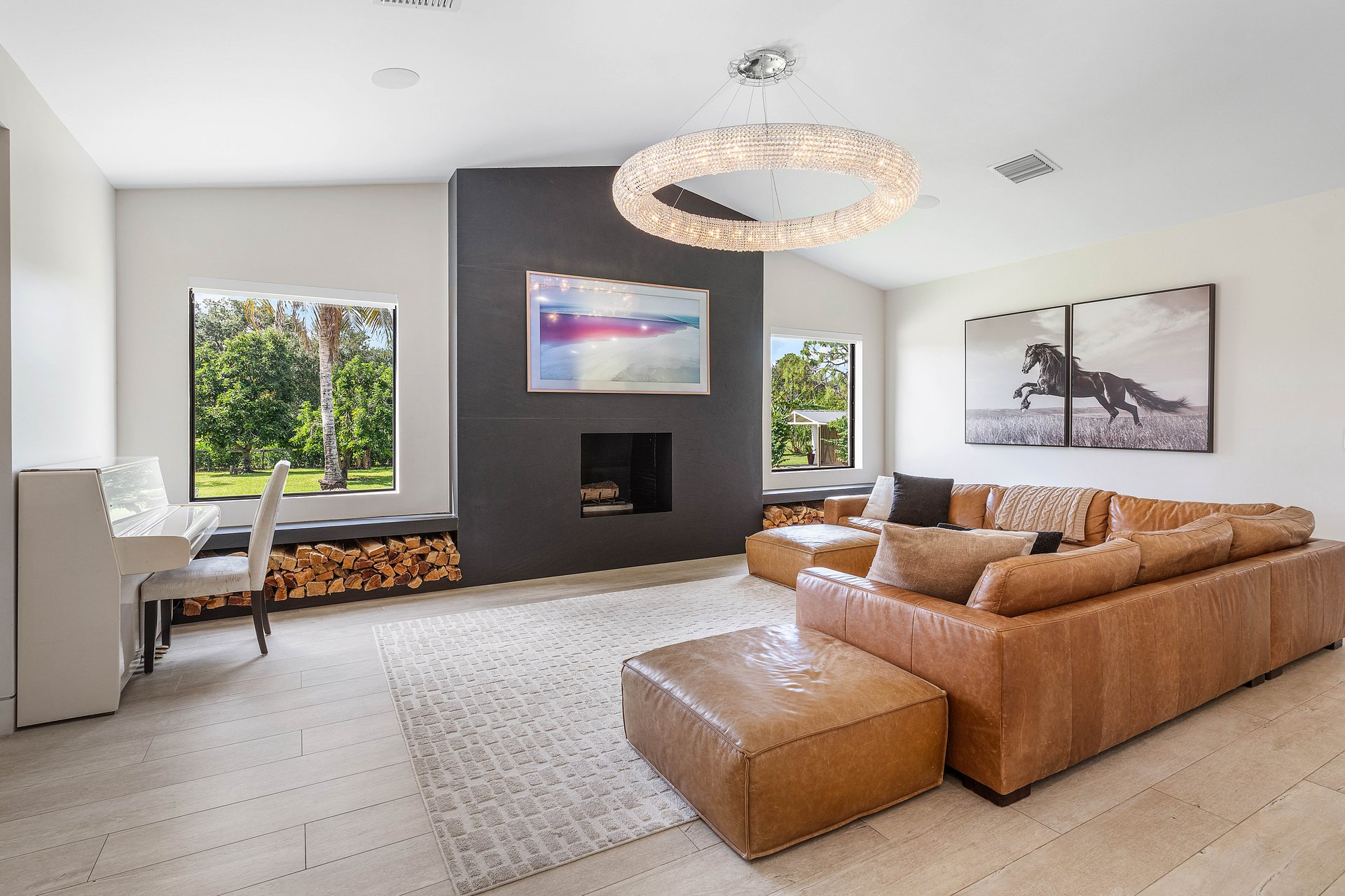Family room with stone TV wall and sectional